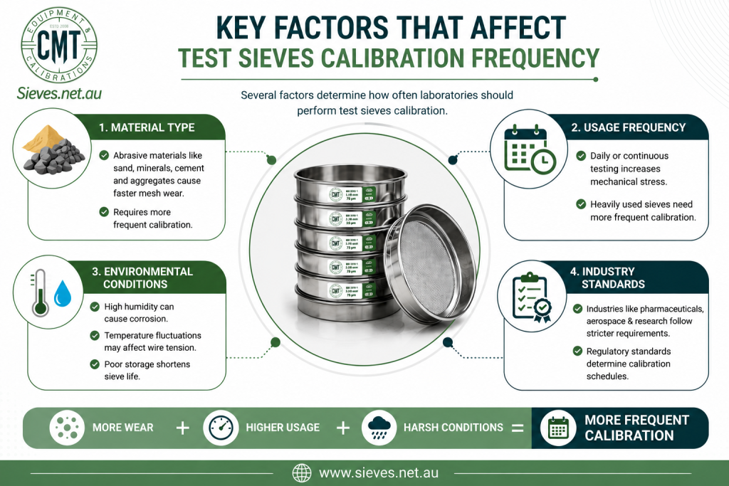 Test Sieves Calibration infographic showing the key factors that affect calibration frequency for laboratory test sieves.