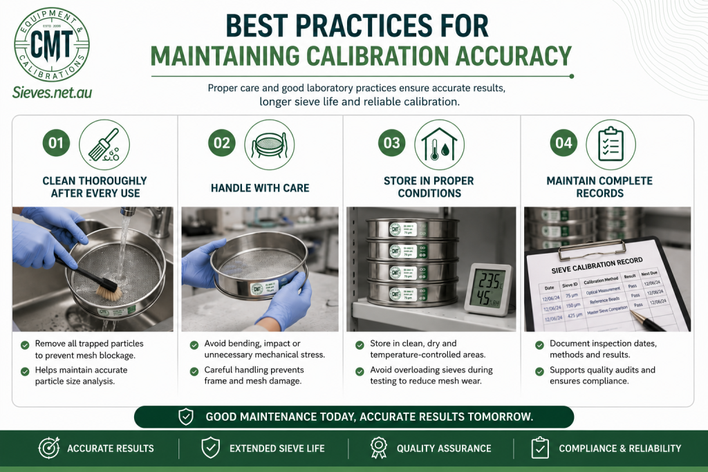 Test Sieves Calibration infographic showing best practices for cleaning, handling, storing, and documenting laboratory test sieves to maintain calibration accuracy.