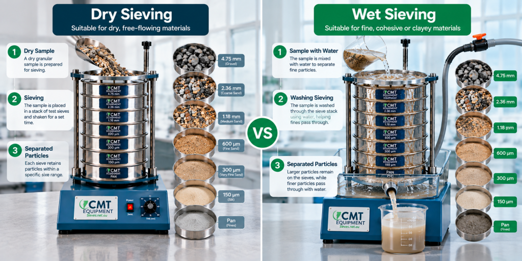 Dry and wet sieving comparison showing sieve stacks, separated particle sizes, and water-assisted separation of fine particles.