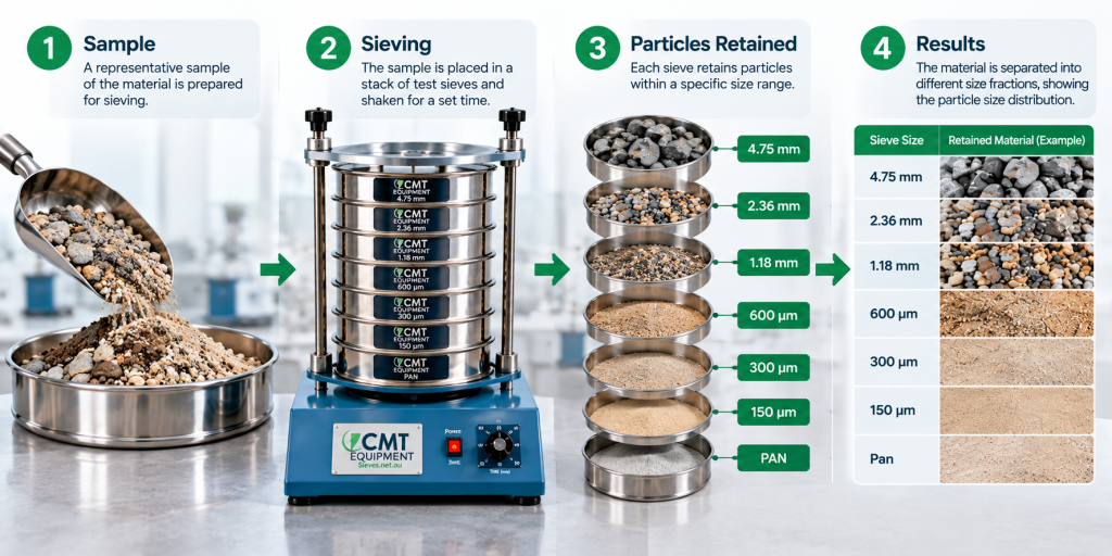 Sieve analysis process showing sample preparation, sieving with a CMT sieve shaker, particle sizes retained on test sieves, and particle size distribution results.