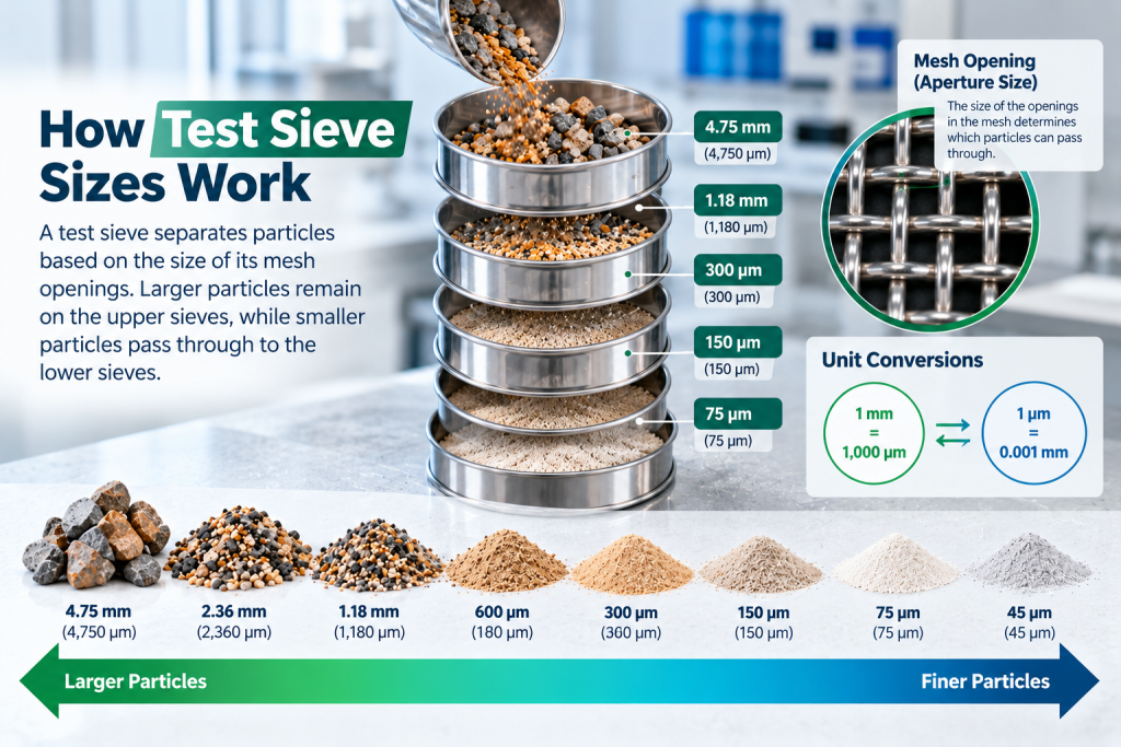 How test sieve sizes separate particles by aperture, with millimetre-to-micron conversions and examples of coarse and fine materials.